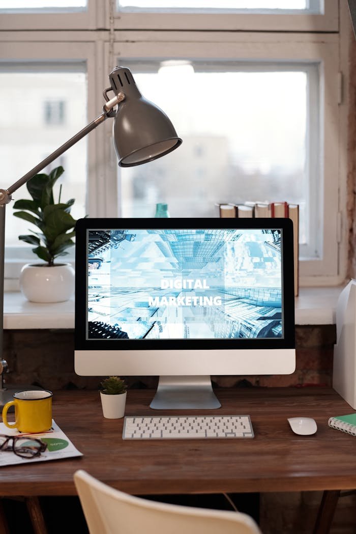 Contemporary home office desk with digital marketing screen, perfect for remote work inspiration.